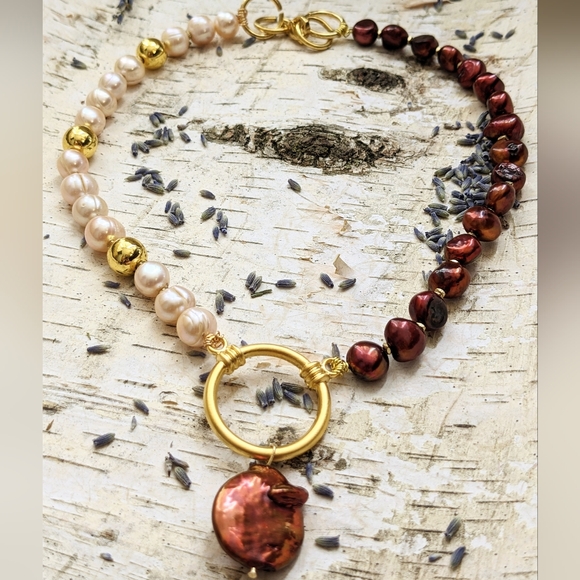 Natural Copper Iron Red Pearl And Peach Pearls In Assymetrical Necklace - Picture 7 of 9